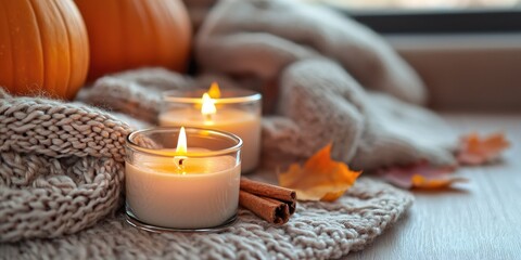 Two lit candles with cinnamon sticks and pumpkins on a knitted blanket, surrounded by autumn leaves and a cozy setting.