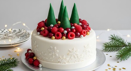 Elegant white Christmas cake decorated with a winter forest of green fondant trees and a wreath of fresh red berries