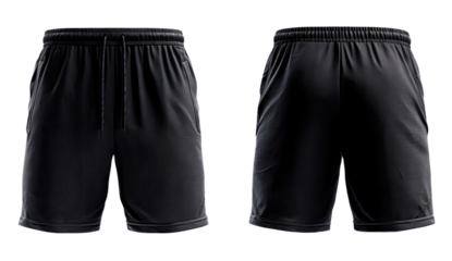 Front and back view of black athletic shorts.  Drawstring closure.  Pocket details visible.  Sportswear design