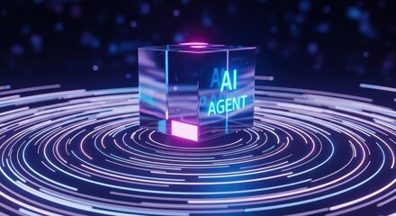 AI Agent technology represented by a glowing cube in the center of swirling digital data streams and particles