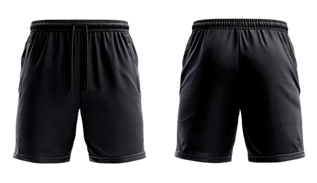 Front and back view of black athletic shorts.  Drawstring closure.  Pocket details visible.  Sportswear design