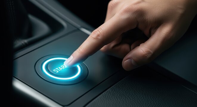 Human finger poised to activate a glowing blue 'Start' button, symbolizing power, initiation, and the modern technology driving a new journey