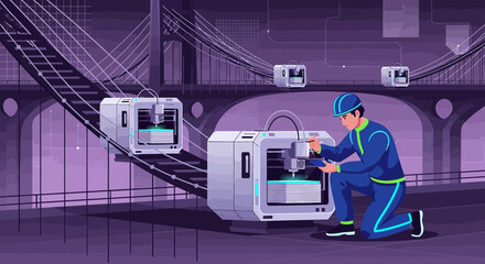 Futuristic construction scene with 3D printing technology and bridge infrastructure depicted