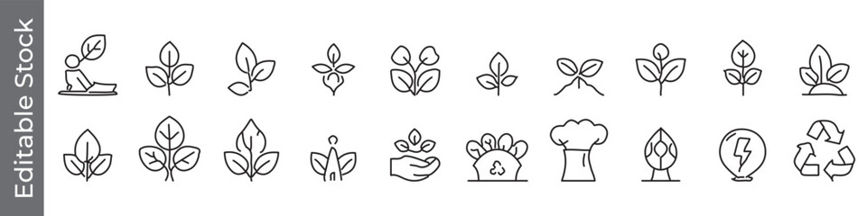 eco sustainability and green energy icon, Eco and sustainability line icon set &ndash; editable outline symbols of leaf, plant, recycle, energy, environment and growth