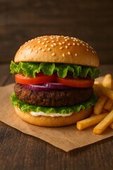 Juicy Plant-Based Burger with Fries &ndash; Sustainable Fast Food on Wooden Table