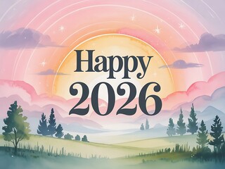 A serene watercolor landscape bathed in the warm glow of a sunrise or sunset celebrating the arrival of the year 2026 with a hopeful and peaceful atmosphere