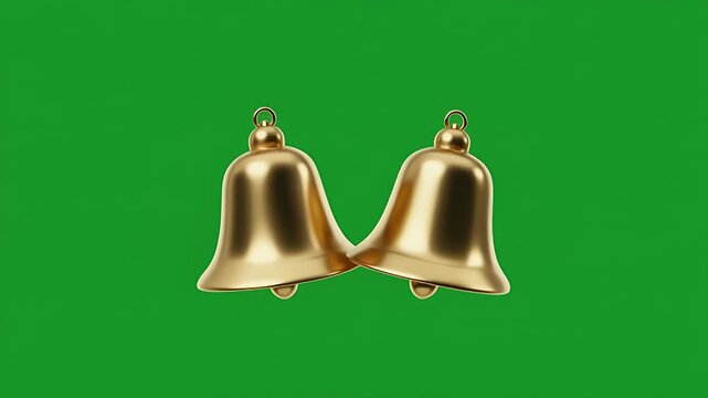 Two golden bells ringing in unison on an isolated green screen background for chroma keying