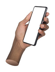 Phone in hand. African male holding mobile gadget at tilted angle, showing clean blank screen for