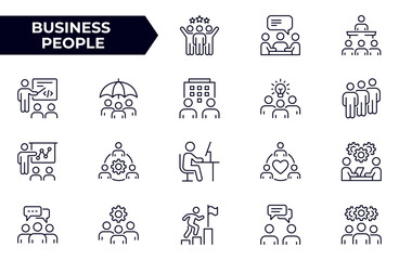 Business people line icons set. Collection of team, partnership, workshop, employee, career and more. Vector illustration. Editable stroke.