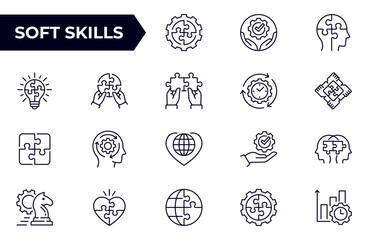 Soft skills line icon set, such as leadership, teamwork, problem solving, empathy and more. Editable stroke.