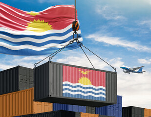 Kiribati's Flag on Cargo Container: Symbolic representation of international trade, a cargo container adorned with Kiribati's flag is lifted against a backdrop of a clear sky.