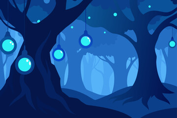 Forest Illuminated by Soft Blue Orbs