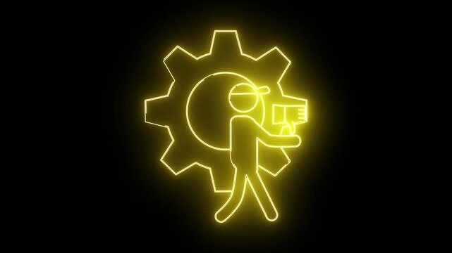 Yellow neon image of a figure holding a box in front of a cogwheel