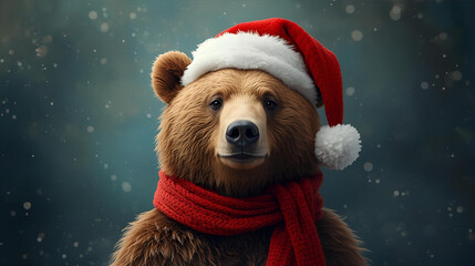 Christmas Brown Bear with a Santa Red Hat and cozy soft knit scarf with snowing background