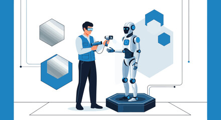 Futuristic engineering: Engineer uses advanced scanner on humanoid robot in a blue tone laboratory