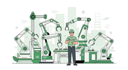 Futuristic factory illustration showcasing worker inspecting automated industrial machinery