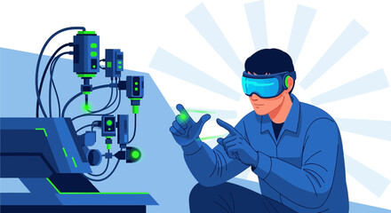 Futuristic factory concept with worker using augmented reality interface for engineering automation