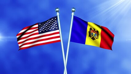 USA and Moldova Flag Waving On Pole Loop