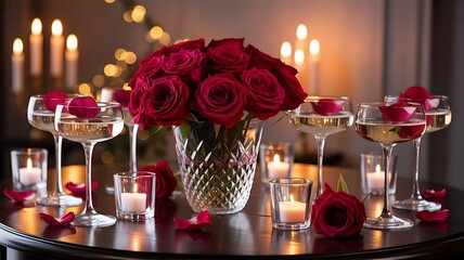 Romantic valentine s day dinner table setting with red roses champagne glasses and candlelight