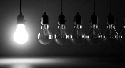A singular illuminated light bulb brilliantly shines amidst a uniform row of unlit lamps, symbolizing a powerful concept of innovation and breakthrough inspiration
