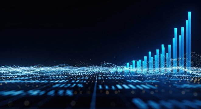 A futuristic digital landscape with a vibrant blue bar chart ascending, symbolizing financial growth and positive data trends