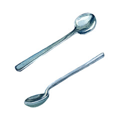 Set of shiny silver spoons isolated on white background. Watercolor illustration of metal spoon top and side views in gray and blue colors. Design perfect for cards, menu, season offer, decoration.