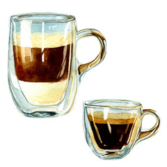 Set of two  shiny coffee glass cups isolated on white background. Watercolor illustration of mugs with espresso and latte. Perfect for posters, cards, menu, season offer, decoration and print.