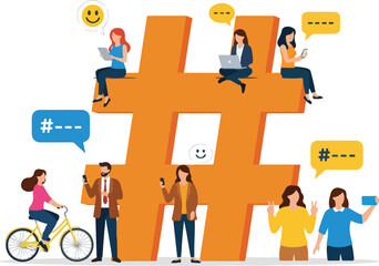 People interacting with social media and using the hashtag symbol.