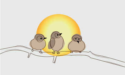 Cute Cartoon Birds Sitting on Branch at Sunset – Minimal Line Art Bird Illustration with Warm Sunlight, Adorable Wildlife Character Design for Kids, Prints, Stickers and Digital Artwork