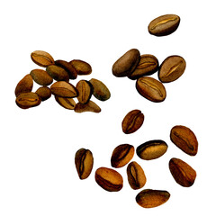 Watercolor illustration of coffee beans set isolated. Coffee bean close-up, different types of beans, a pile of beans. Robusta, arabica, chocolate ingredient. Perfect for print, decor, season offer.