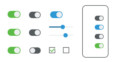 Modern user interface design elements, including various toggle switches, sliders, and checkboxes for web and mobile app settings.
