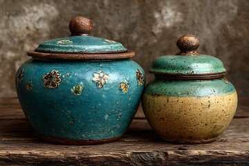 Antique ceramic jars wooden table high resolution picture