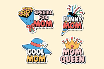 Fototapeta premium A collection of four charming, illustrated stickers celebrating mothers with messages like 