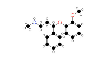 nisoxetine molecule, structural chemical formula, ball-and-stick model, isolated image antidepressant