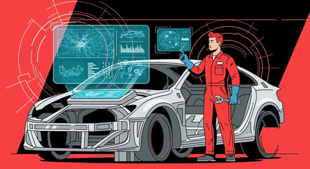 Futuristic mechanic uses augmented reality interface for car diagnostics and repair solutions