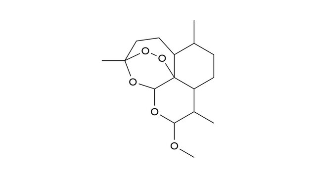 artemether molecule, structural chemical formula, ball-and-stick model, isolated image antimalarial agent