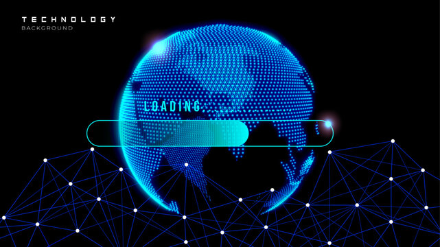 Glowing digital globe with loading bar and connected network lines on a black technology background, global technology, data transfer, digital networks, and futuristic innovation.