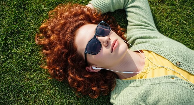 A serene young woman with curly red hair and sunglasses relaxes on lush green grass, listening to music with earphones on a beautiful sunny day, seen from a top-down perspective