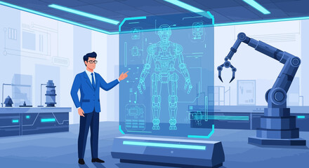 Futuristic Robotic Engineering: Blueprint Visualization and Industrial Automation Concepts in a