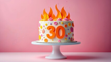 Vibrant "30th" Birthday Cake with Flame Detail on Pastel Stand