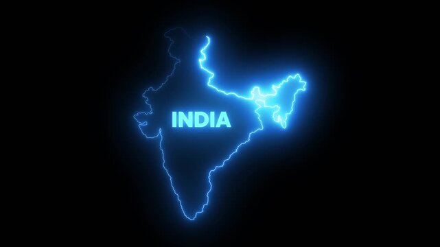 Glowing neon Indian map animation isolated on black background