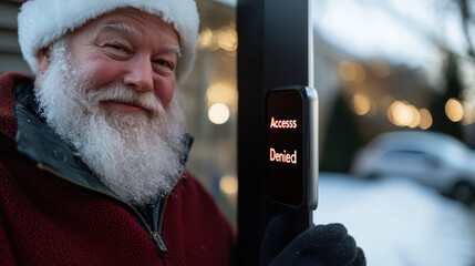 A jolly Santa Claus stands beside a device displaying 'Access Denied', merging festive cheer with a humorous twist on technology in a winter setting.