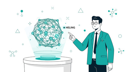 Futuristic scientific presentation with a male professional showcasing molecular structure