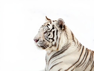 Profile of a Majestic White Tiger Against White Background