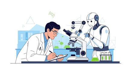 Futuristic scientific research collaboration with human scientist and assisting robot using