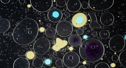 Artistic top-down macro shot of an oil and water emulsion, creating a beautiful abstract background with colorful yellow, cyan, and purple bubbles on a dark liquid surface