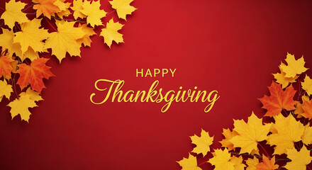 Red background with maple foliage, presenting Thanksgiving greeting. It's representative of the autumn harvest season and celebratory mood. Free space.