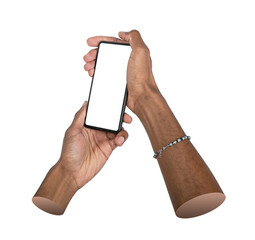 Phone in both hands. African American man holding smartphone at tilted angle, clean blank screen for
