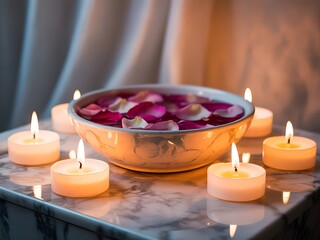 Serene spa ritual with floating rose petals in a metallic bowl surrounded by flickering tea lights on a marble surface