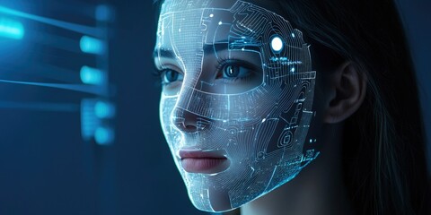 A futuristic, digital face with intricate patterns and glowing elements, set against a dark, high-tech background.